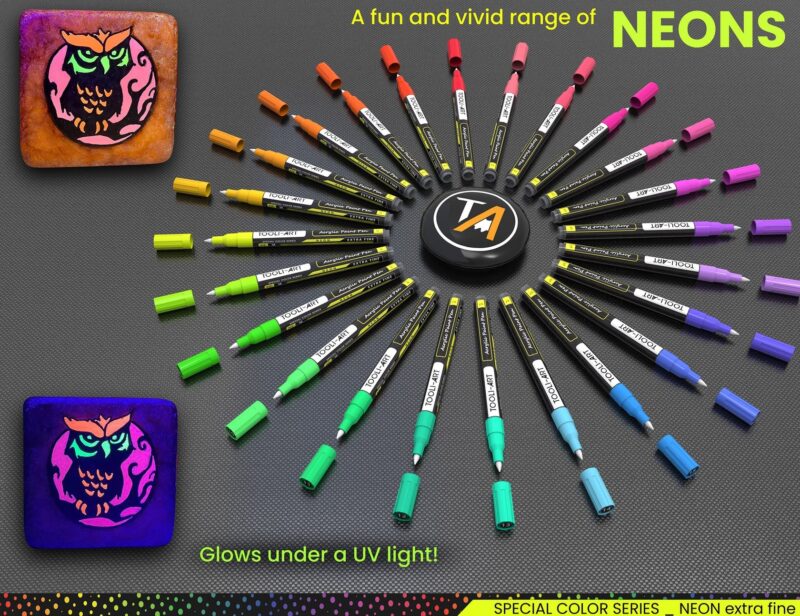 TOOLI-ART 24 Neon Fluorescent Acrylic Paint Pens Special Color Series Markers Set 0.7mm (EXTRA FINE) - Afbeelding 3