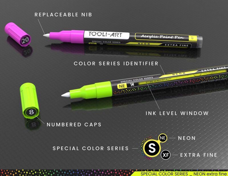 TOOLI-ART 24 Neon Fluorescent Acrylic Paint Pens Special Color Series Markers Set 0.7mm (EXTRA FINE) - Afbeelding 8